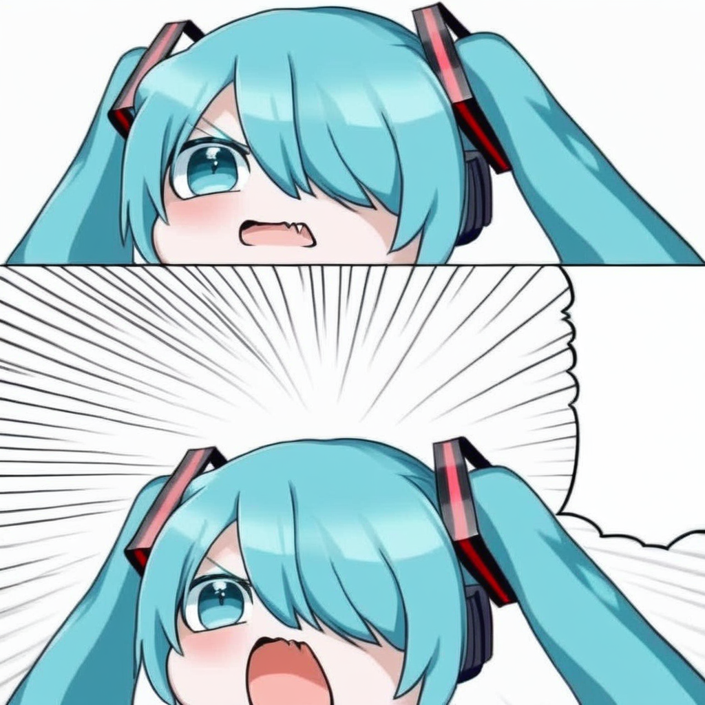 1GIRL hatsune miku 2KOMA HAIR OVER ONE EYE FANG COMIC OPEN MOUTH EMPHASIS LINES