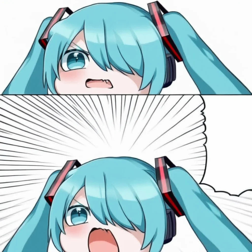 1GIRL hatsune miku 2KOMA HAIR OVER ONE EYE FANG COMIC OPEN MOUTH EMPHASIS LINES