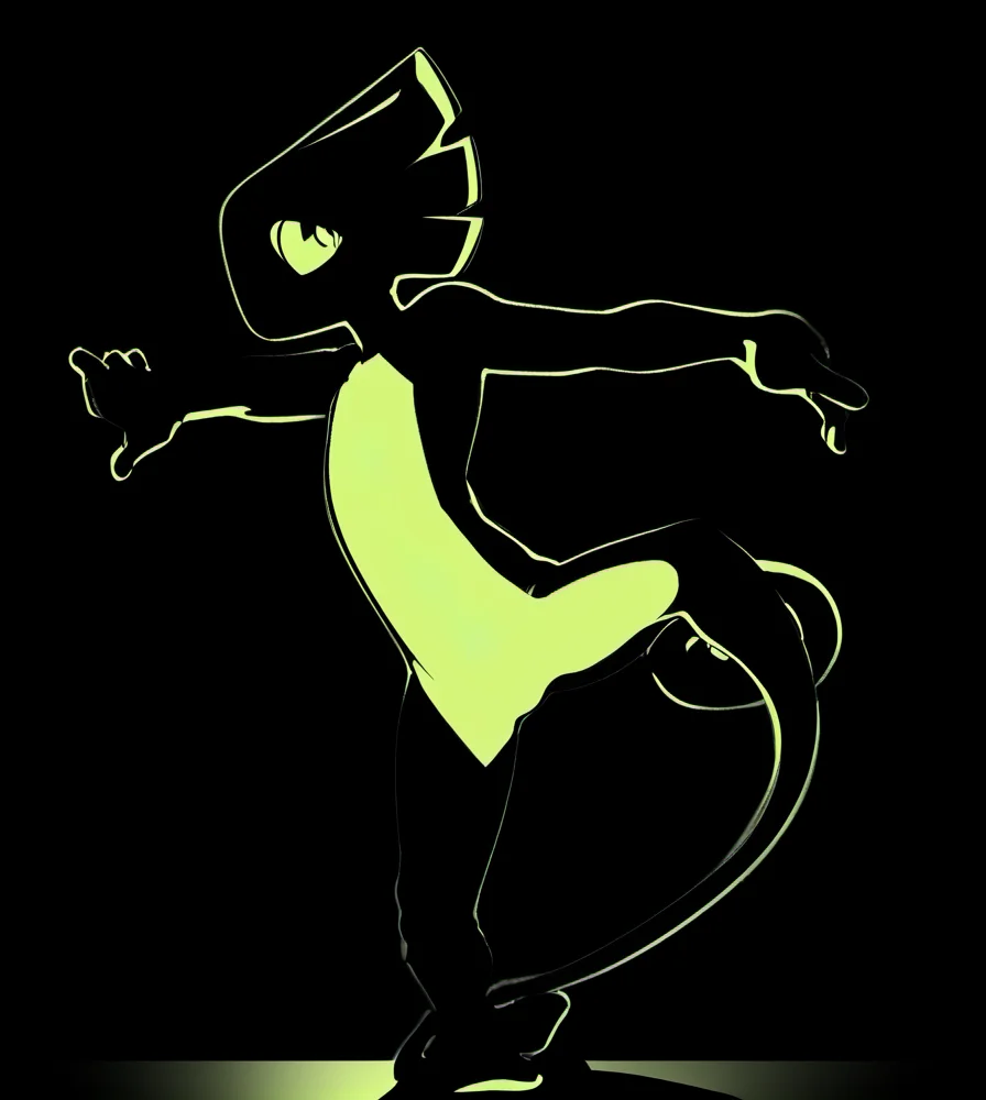 score_9, score_8_up, score_7_up, high res:1.5, digital media (artwork), flat colors, 2d, (restricted palette, black and white and green, black background, white skin, neon colors), two tone body, silhouette background, green outline, solo focus, y00k4, yooka, chameleon, chibi, featurless crotch, male, kick, action pose <lora:Yooka_-_Yooka-Laylee:0.9>