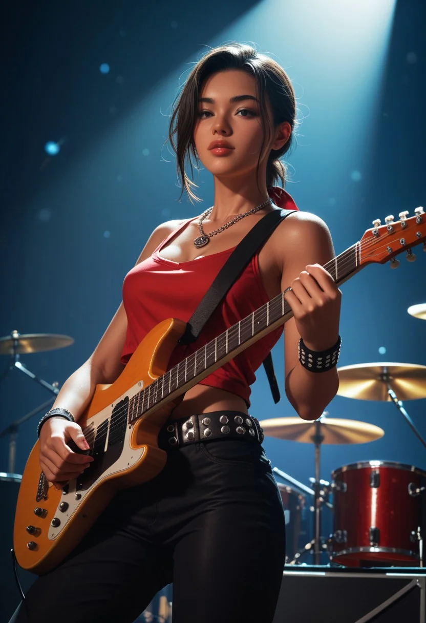 score_9, score_8_up, score_7_up, score_6_up, score_5_up, score_4_up, A young woman, likely in her late teens or early twenties, with dark hair and a medium complexion, is positioned on a stage, playing an electric guitar. She is centered in the image but slightly to the left of the frame. She's facing the viewer, her expression focused and intense as she plays. She is wearing a sleeveless, vibrant red top, black pants or skirt, and a studded belt. A bandana or wristband is visible around her wrist. She is wearing jewelry including a layered necklace with a pendant. Her body is slender and athletic. The setting is a rock concert, with other musicians playing instruments (drums and a guitarist) in the background. The stage is lit by bright stage lights, creating a dynamic atmosphere. The image has a 1970s-1980s rock concert vibe, with muted tones of light red, black, white, and gray dominating the colors. The perspective is from slightly in front of and slightly above the woman, with a focus on her playing the guitar. The overall style is a snapshot of a concert performance with a clear emphasis on the musical artist.