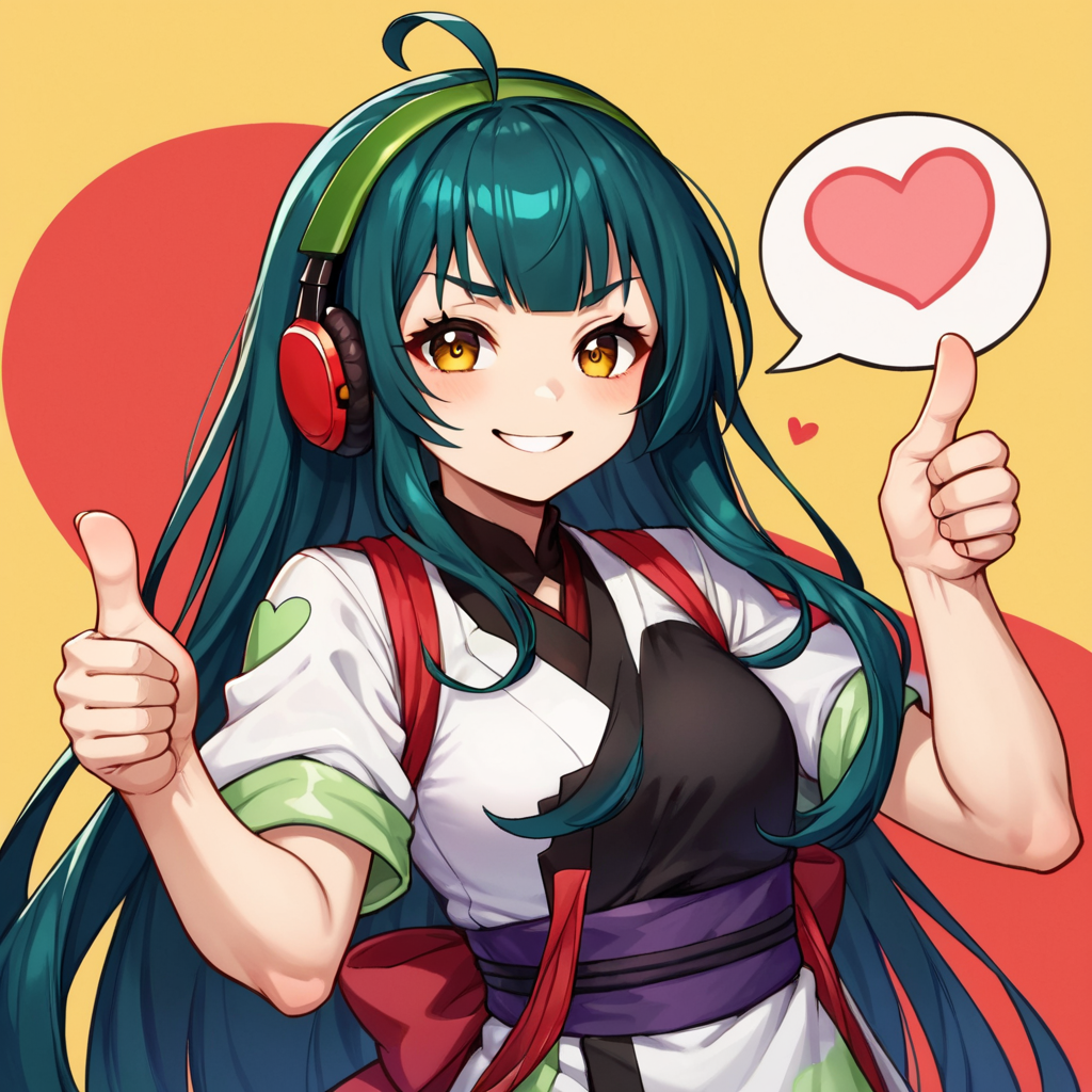 score_9, score_8_up, score_7_up, source_anime, BREAK
1girl,  solo,
 <lora:TohokuZunko_MMD_V1:0.85>Tohoku_Zunko, yellow eyes, brown eyes, large brests, Thick thighs, headphones, 
blunt bangs,  green hair, very long ahoge ,  very long hair,   low-tied long hair, green hairband, 
white kimono, short kimono, short sleeves, bow, red tasuki,  red ribbon, purple obi, 
red background, simple bacground,,yellow background, 
smile, looking at viewer,  ((Thumbs up:1.5)),upper body,Heart speech bubble