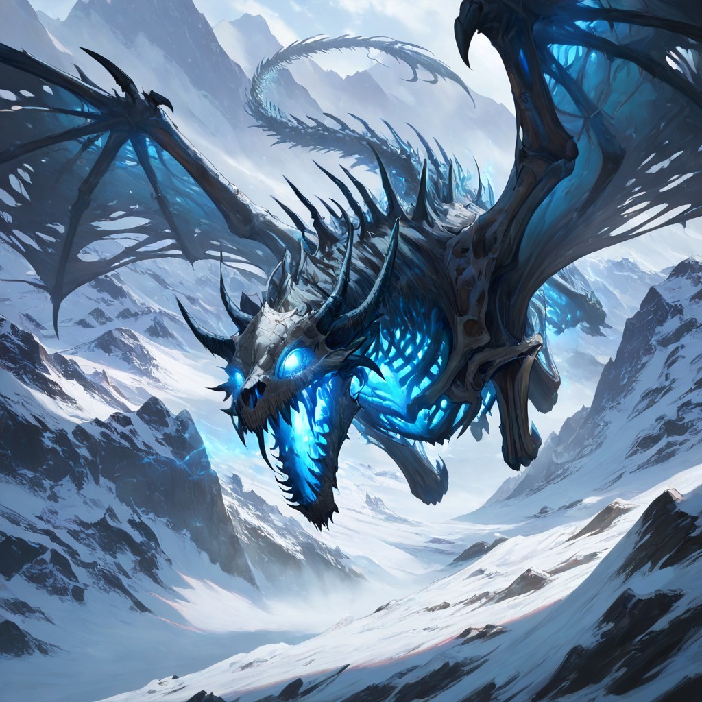 masterpiece, best quality, newest, absurdres, highres, DRALV1.0, undead dragon, undead, skeleton, bones,
flying, glowing, blue eyes, glowing eyes, mountains, snow,