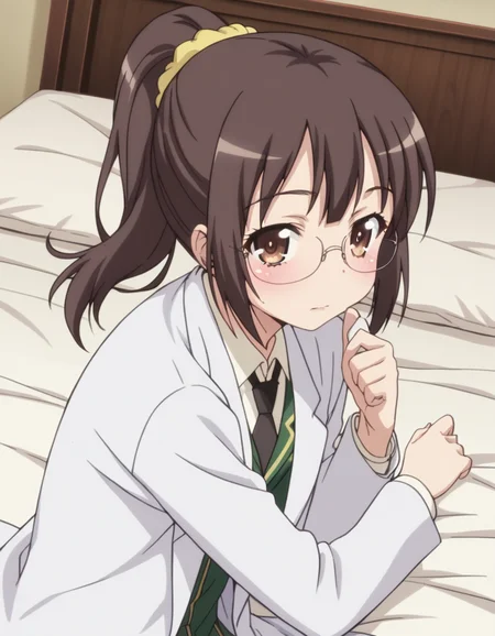 score_9, score_8_up, score_7_up, source_anime, <lora:rika-shiguma-s2-ponyxl-lora-nochekaiser:1>, rika shiguma, brown hair, brown eyes, ponytail, glasses, scrunchie, yellow scrunchie,, school uniform, necktie, labcoat,, indoors, bed, bed room, on side, blush, drunk, looking at viewer, solo,, cowboy shot, dutch angle