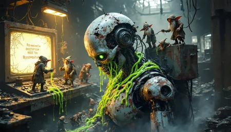 In a haunting, forsaken industrial chamber, a grotesque, rusted humanoid robot slumps heavily against a decrepit console, its fractured faceplate oozing a viscous, pulsing mucus that glimmers with an unnatural, bio-luminescent sheen under the dim, flickering overhead lights. Neon-green worms, writhing and twisting like living veins, crawl across its corroded metallic frame, their eerie glow casting faint, ghostly reflections on the surrounding rusted metal surfaces shrouded in a sickly yellowish haze of toxic gas, while dozens of tiny, gnarled gnomes scurry about like scavengers, their weathered faces and tattered cloaks smudged with grime as they greedily pry at loose bolts and wires with crude, makeshift tools. Behind the robot, a shattered screen displaying the faltering output of the Resmomentum node crackles intermittently, its surface encrusted with sickly green fungus and delicate spider webs that tremble in the stagnant air, as several gnomes climb atop one another to reach dangling circuits, their beady eyes glinting with mischievous determination in the faint light. The scene, captured in a close, claustrophobic perspective, is bathed in a cold, ethereal glow, intensifying the creeping dread of decay and abandonment, as faint whispers of distant machinery hum ominously amidst the soft clinks and murmurs of the gnomes’ frantic scavenging in the oppressive darkness.