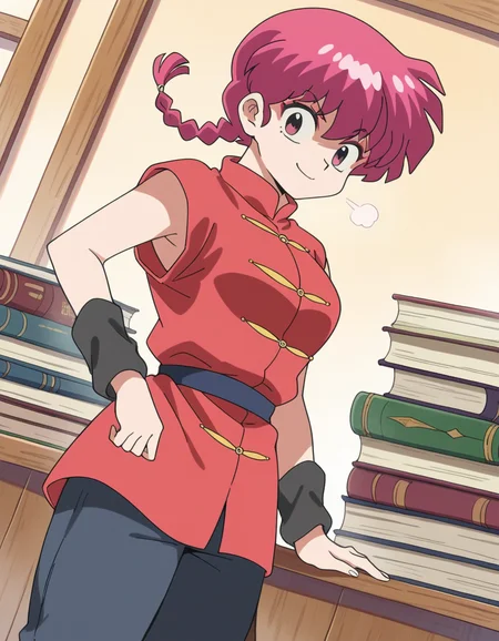 score_9, score_8_up, score_7_up, source_anime, <lora:ranma-saotome-alpha-ponyxl-lora-nochekaiser:1>, ranma saotome, braid, red hair, single braid, braided ponytail, red eyes, medium breasts,, pants, chinese clothes, tangzhuang,, bookstore, browsing shelves, new book smell, finding a favorite, quiet atmosphere, , , smile, solo,, cowboy shot, dutch angle,