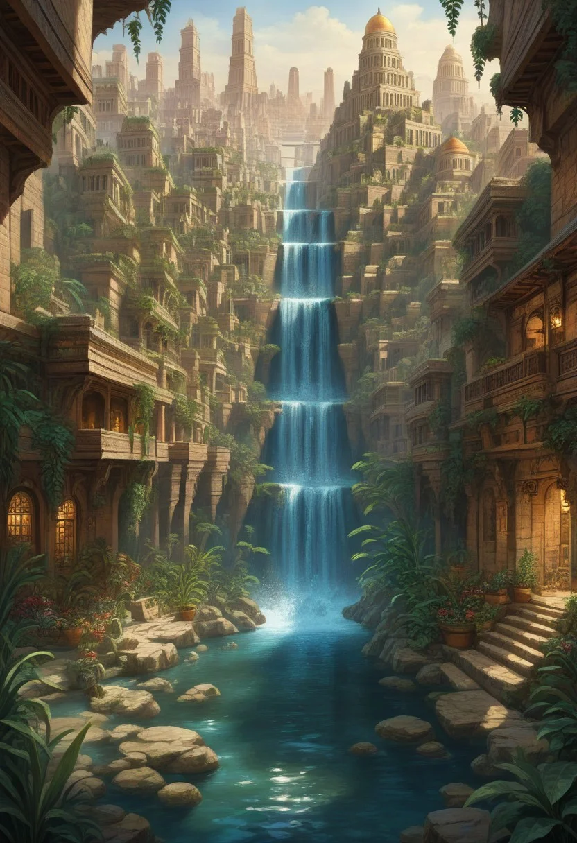 prefect lighting,very aesthetic,best quality,
intricate details,highly detailed background,(masterpiece:0.9),high quality, masterpiece,best quality,ultra-detailed,  shorx1, st_babylon, city,  waterfall, water, building, plants, flowers, close up,