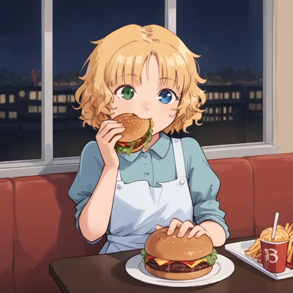 riley-davis, w0rm, blonde hair, 1girl, solo, blue eyes, heterochromia, green eyes, short hair, dress, apron, eating a burger at the restaurant, dinner, night, window