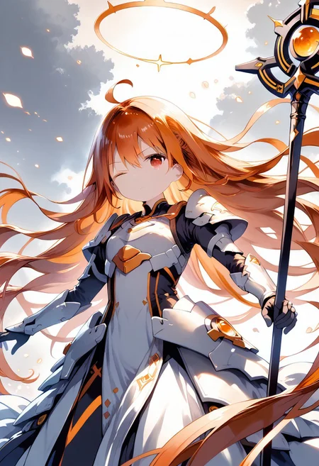 score_9, score_8_up, score_7_up, 1girl,FujisakaLP,high definition eyes, (masterpiece), (best quality), (ultra detailed),(disheveled hair),(illustration), (best shadow), detail1eye, warm lighting, bright colors, solo, very long hair, grey hair, orange hair, orange inner hair, red eyes, colored inner hair, two-tone hair, ahoge, absurdly long hair, orange colored inner hair, multicolored hair, halo, , , body suit, flowing hair, wind, one eye closed, staff, dress, armor, headgear, floating, <lora:sigmav2:0.7>