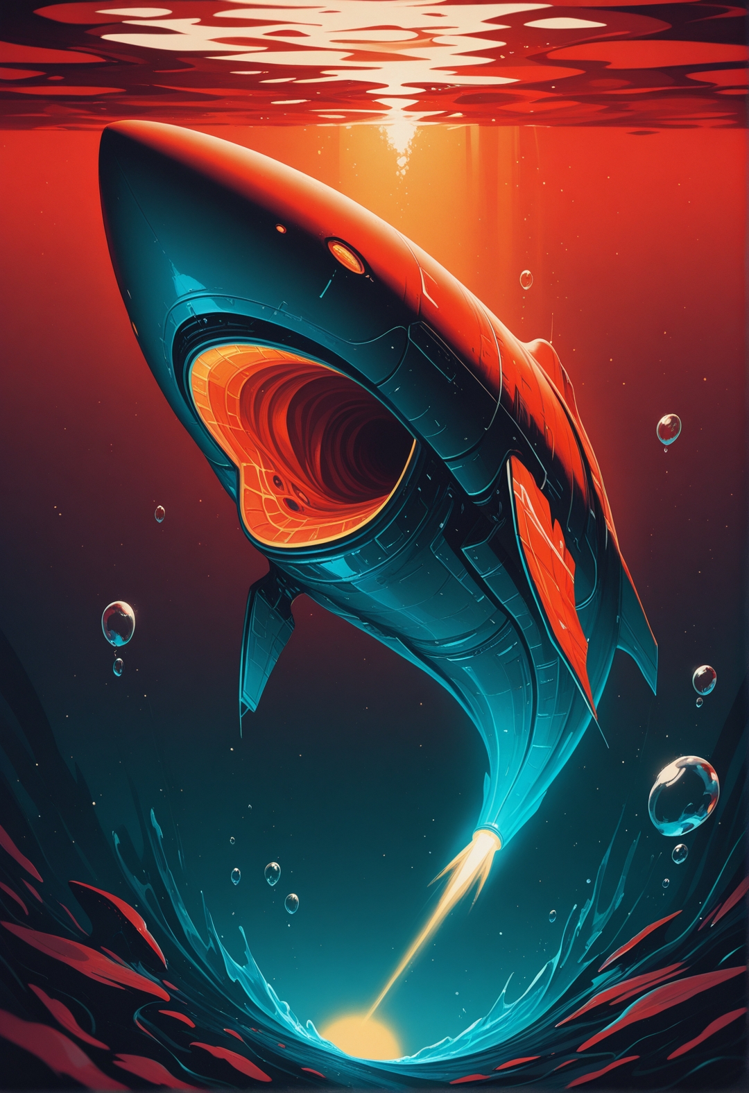 masterpiece, best quality, good quality, very aesthetic, absurdres, newest, 8K, depth of field, focused subject, no humans, from side, dynamic angle, Envision a tense underwater scene where a submarine sails away from a colossal alien monster with an enormous, gaping mouth lurking in the abyss. The submarine’s sleek frame is captured in high detail, reflecting eerie, neon-acid colors from the surrounding water. The monstrous creature glows with vibrant hues, casting an ominous light that contrasts sharply against the dark, endless ocean depths. The scene is lit dramatically, in a dynamic Dutch angle and close-up, emphasizing the urgency and horror of the escape, with intricate textures and high-contrast reflections bringing this hard sci-fi concept to life. best quality,masterpiece,detailed,award-winning,suspenseful,refraction,gloss,translucent water, bubbles, in motion,underwater,submerged,low angle,light trails,remarkable,visually stunning,mesmerizing,red,yellow,cyan,color contrast Moebius John Harris John Berkey, sci-fi, illustration, retro,
<lora:ck-70s-scifi-IL:1>