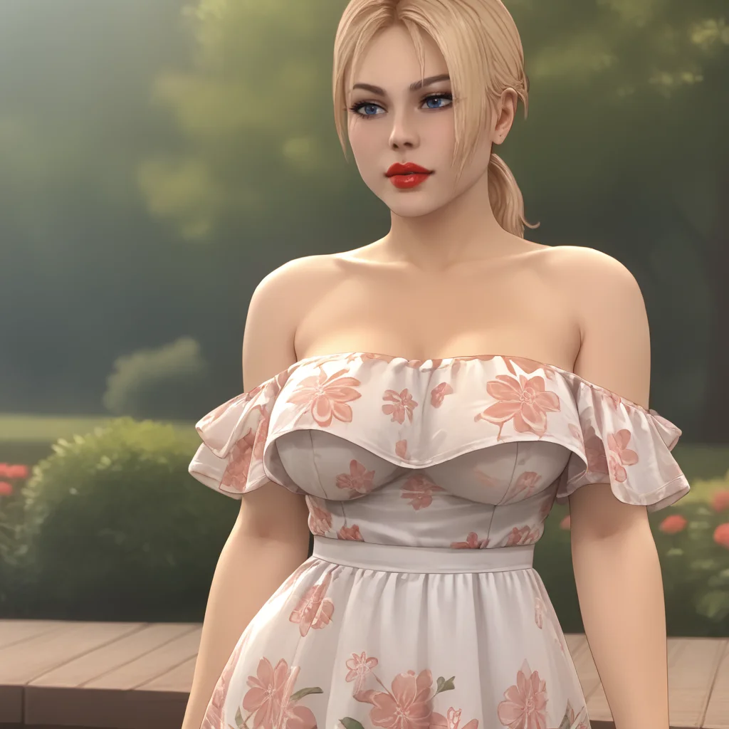 <lora:sonyamk9_pony_v1:.8>  SonyaBladeMK9, 1girl, blue eyes, large breasts, short blonde hair, ponytail, lipstick,eyeshadow, cowboy shot,  <lora:floral_offshoulder_dress_v1.1-pony:1> off shoulder dress, floral print
