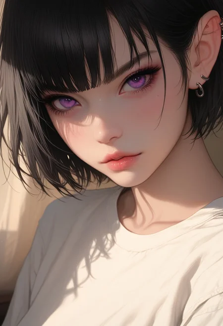 score_9, score_8_up, score_7_up Close-up details, realistic style photo of a pure white girl, black hair, short hair, purple eyes, pointy ears, single black ear piercing stud, outstanding style, tall, cute, young adult, flirty, kissy lips, soft lighting to cast gentle shadows on the subject, wearing a oversized white top,