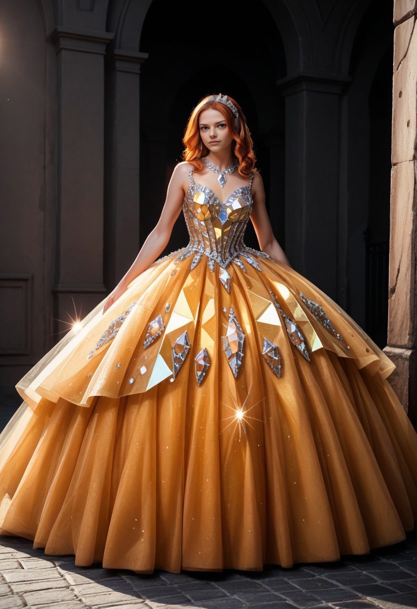 score_9, score_8_up, score_7_up, rating_safe, Fixhand, 
concept art, realistic, dark theme, low light, 1girl, solo.
Ginger hair, Blue eyes. ((Long legs:1.5))
CrinolineDress, crystalline dress