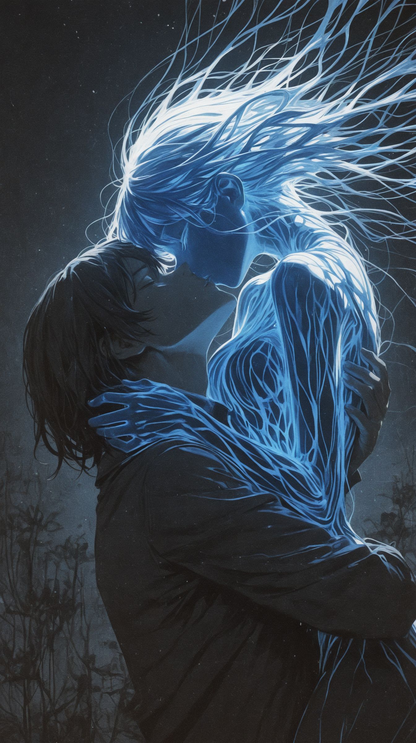 masterpiece,best quality,(painterly:1.2, pastel \(medium\):1.3),
1boy, tousled hair, 1girl, glowing blue figure, hugging her, kissing, ethereal light, sorrowful hug, contrast between light and darkness, ghostly presence, deep emotions, surreal atmosphere, digital painting, melancholic mood, intimate moment, love and loss, soft lighting, abstract energy, dreamlike, hauntingly beautiful, warm yet cold, touching scene