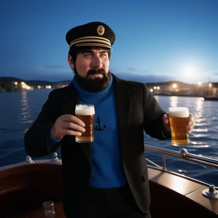cinematic photo a man ,black hair, blue shirt, black jacket, black pant, facial hair, aving a beer on a boat <lora:Haddock1024:0.8> . 35mm photograph, film, bokeh, professional, 4k, highly detailed