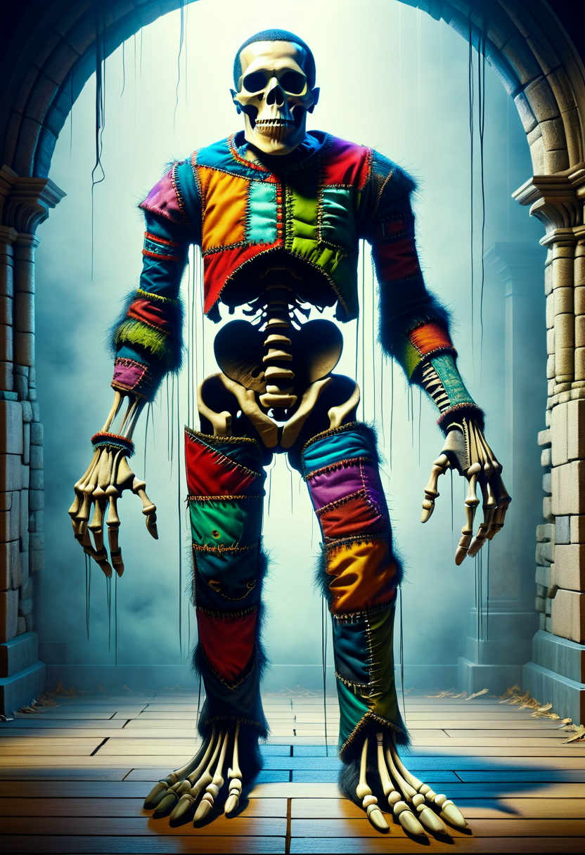 hyper detailed masterpiece, dynamic realistic digital art, awesome quality,DonMFr4nk3nst31nXL patchwork  obambo, Skeletal ghost, thin and fragile appearance,  haunting and sorrowful presence,  unfulfilled desires, eerie, unsettling , hyper detailed masterpiece, dynamic realistic digital art, awesome quality,polished castle,malevolent aridness,old-fashioned academy rain,apollonian gasket, extraordinary, sewn together abomination, sinister, eerie  <lora:DonMFr4nk3nst31nXL-000008:0.8>