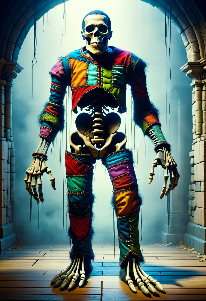 hyper detailed masterpiece, dynamic realistic digital art, awesome quality,DonMFr4nk3nst31nXL patchwork obambo, Skeletal ghost, thin and fragile appearance, haunting and sorrowful presence, unfulfilled desires, eerie, unsettling , hyper detailed masterpiece, dynamic realistic digital art, awesome quality,polished castle,malevolent aridness,old-fashioned academy rain,apollonian gasket, extraordinary, sewn together abomination, sinister, eerie <lora:DonMFr4nk3nst31nXL-000008:0.8>