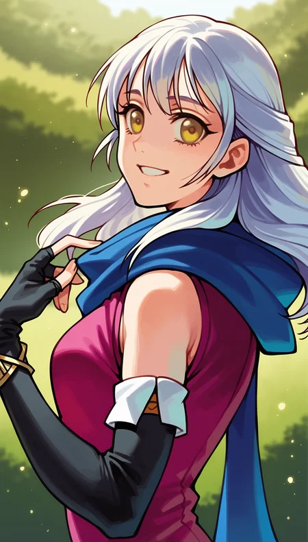 score_9,score_8_up,score_7_up,
highres,highly detailed,
<lora:micaiah:0.9>,
micaiahfe,
1girl,solo,
white hair,long hair,bangs,
yellow eyes,looking at viewer,smile,
blue scarf,purple sleeveless tunic,black detached sleeves,
portrait,
blurry background,outdoors,(dawn:1.1),(bloom:1.2),(light particles:1.1),sky,field,Dreamy forest,