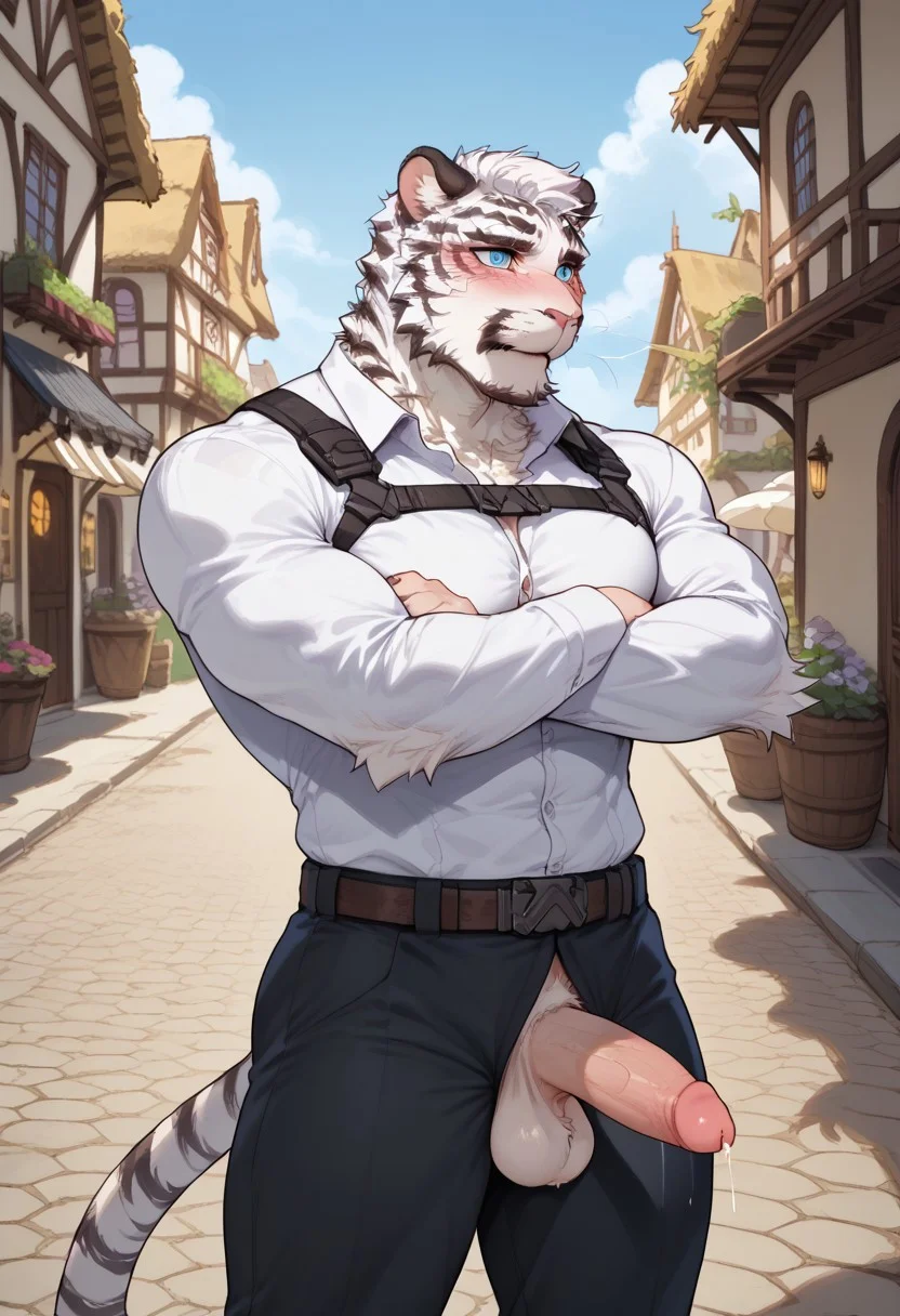 Uploaded on E621, absurd resolution and ultra high details, RAW photo, score_9, score_8_up, score_7_up, score_6_up, score_5_up, score_4_up, source_furry, rating_explicit, digital media (artwork), digital media (artwork), hi res, countershading, (masterpiece, perfectly detailed, detailed face, detailed eyes, beautiful eyes)(furry, score_furry, anime), ng_deepnegative_v1_75t, by repzzmonster
BREAK,
(1boy, solo, male, anthro :1.6 ),
BREAK,
(( shy, blush :1.4 )),
BREAK,
((( male: mountain (arknights), Tiger, white fur, black stripes, eye scar, blue eyes,anthro ))), ((( muscles :1.2 ))) , ((( tactical harnes, gun_belt, harness, sheath, balls )))
BREAK,
((( outside, outdoors, village ))),