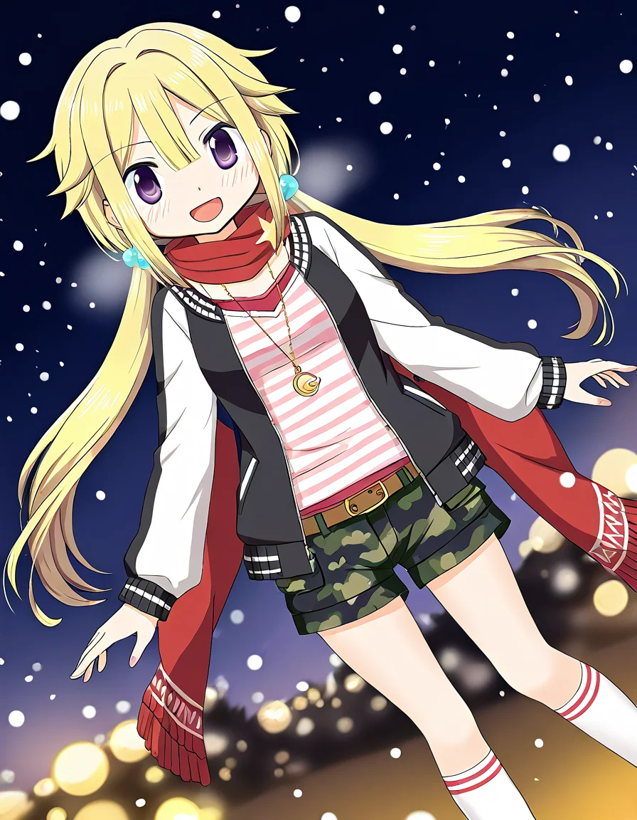masterpiece, best quality, newest, absurdres, highres, safe, 1girl, mitsuki felicia \(winter costume\), magia record: mahou shoujo madoka magica gaiden, red scarf, belt, jacket, camouflage shorts, white kneehighs, solo, open mouth, snowing, outdoors, dutch angle, <lora:mitsuki_felicia_noobaiXLNAIXL_vPred10Version:0.7>