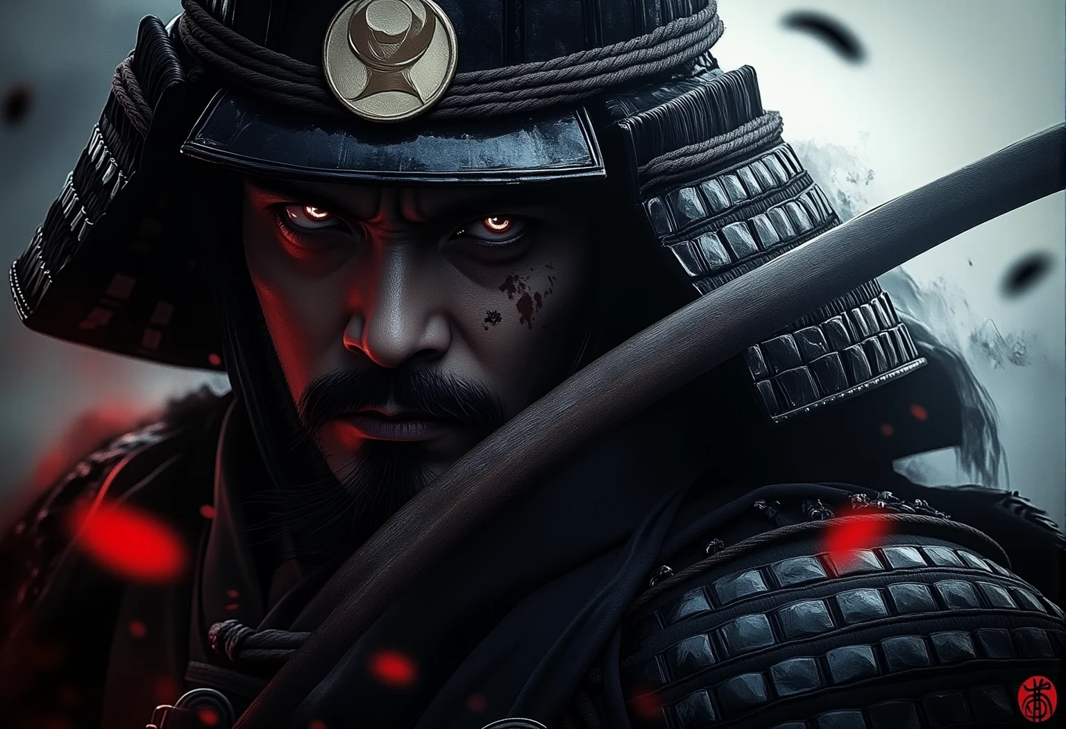. A close-up of a male Samurai showing the intricate details of the samurai armor with reflective katana blade and mist rising around them., <lora:bv-crimson-ronin-style-v1.safetensors:1.0:1.0>