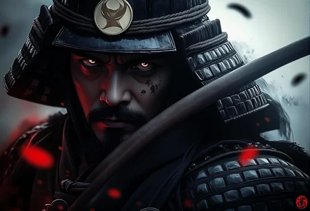 . A close-up of a male Samurai showing the intricate details of the samurai armor with reflective katana blade and mist rising around them., <lora:bv-crimson-ronin-style-v1.safetensors:1.0:1.0>