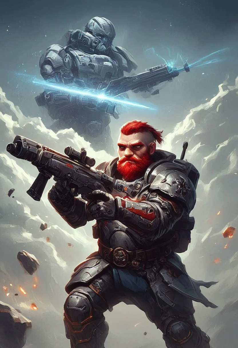 Score_9_up,Score_8_up,Score_7_up, masterpiece, best quality,
Hearthkyn_Warriors, standing, dust effect, Nebula skyline. Asteroid background. Flying debris. dwarf, armor ,backpack, metallic gray armor, Weathered armor. turquoise clothe, 1boy, red beard, Red hair. Crewcut hairstyle. science fiction, spaceship background, stocky, white beard, bald. Assault Rifle. Action scene. Battle Scene. aiming assault rifle.