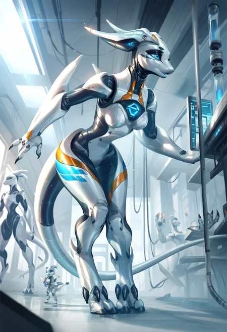 l0lspl4sh, source_anime, score_9, score_8_up, score_7_up, year2024, year2023, West Studio, sixmorevodka, xn-d74, robot, furry female, white skin, mechanical tail, horns, blue eyes, claws leaning forward, breasts, wide hips, laboratory, indoors, <lora:L0LSPL4SH_40epochs_purged:1> <lora:XN-D_74_Character:1>