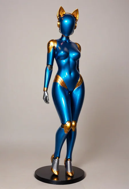 solo, A 35mm full length photo of a beautiful 20 year old woman, she is a humanoid robot , robotic body, freckles, smooth featureless grey robotic skin, robotic aerials, metallic dark blue hair, elegant metallic blue latex bodysuit with gold trim, catlike robotic ears, jetpack, flying through the sky
TheFaceLess, mannequin, faceless, egghead