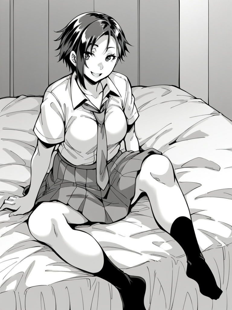 score_9, score_8_up, score_7_up,  
1girl,  monochrome, aki tt, black hair, short hair, asymmetrical hair, medium breasts,


sitting, on bed, smile, looking at viewer,
school uniform, white shirt, short sleeves, necktie, pleated skirt, black socks, no shoes, 