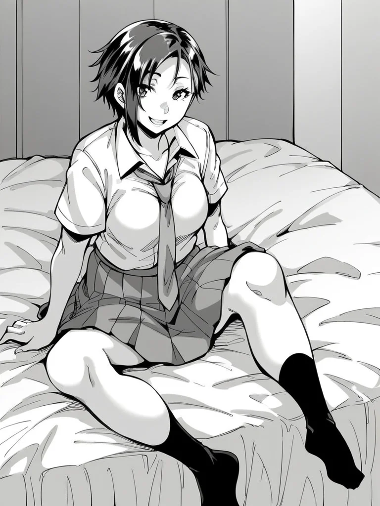 score_9, score_8_up, score_7_up,  
1girl,  monochrome, aki tt, black hair, short hair, asymmetrical hair, medium breasts,


sitting, on bed, smile, looking at viewer,
school uniform, white shirt, short sleeves, necktie, pleated skirt, black socks, no shoes, 