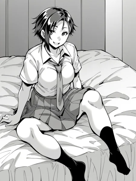 score_9, score_8_up, score_7_up,
1girl, monochrome, aki tt, black hair, short hair, asymmetrical hair, medium breasts,
sitting, on bed, smile, looking at viewer,
school uniform, white shirt, short sleeves, necktie, pleated skirt, black socks, no shoes,