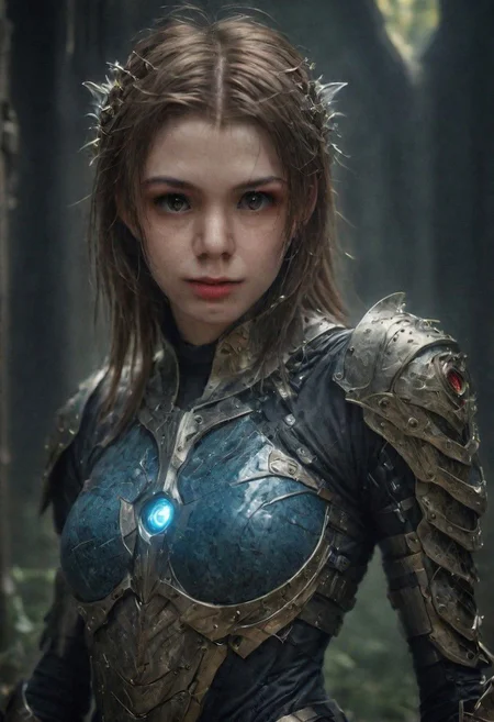 dslr photo of a girl in a fusion of medieval and cyberpunk elements, with a mix of technology and nature, (highres, highly detailed:1.2), cinematic lighting, vibrant colors, Curi, Gelatine armor