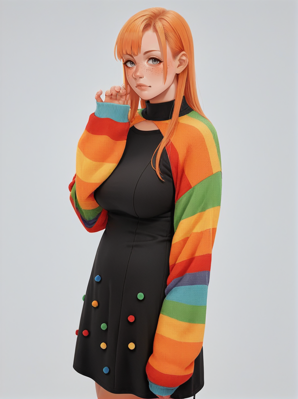 source_anime, score_9. score_8_up, score_7_up, score_6_up, score_5_up, score_4_up, (plump:0.3), large breasts, ginger hair, 1girl,  <lora:p0mp0mdr3ssXLP:0.6> simple background, p0mp0mdr3ss, long sleeves, black dress with pompoms, striped, sleeves past wrists, sweater, multicolored clothes, long hair,