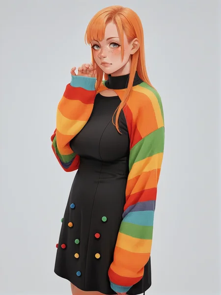source_anime, score_9. score_8_up, score_7_up, score_6_up, score_5_up, score_4_up, (plump:0.3), large breasts, ginger hair, 1girl, <lora:p0mp0mdr3ssXLP:0.6> simple background, p0mp0mdr3ss, long sleeves, black dress with pompoms, striped, sleeves past wrists, sweater, multicolored clothes, long hair,