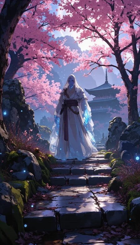 A translucent, ghostly figure in an elegant, traditional robe stands amidst a mist-covered sakura forest, their form illuminated by soft moonlight filtering through the pink blossoms. Glowing blue fireflies float through the fog, casting faint, flickering light on the moss-covered stone path leading to a sacred shrine in the distance. The air feels heavy with mystery, the soft rustling of cherry blossoms adding a sense of quiet reverence. A dreamy, ethereal color palette of pale pinks, soft blues, and shadowy purples enhances the tranquil and otherworldly mood. Fantasy concept art, cinematic digital painting, soft lighting, depth of field, intricate details, magical realism.