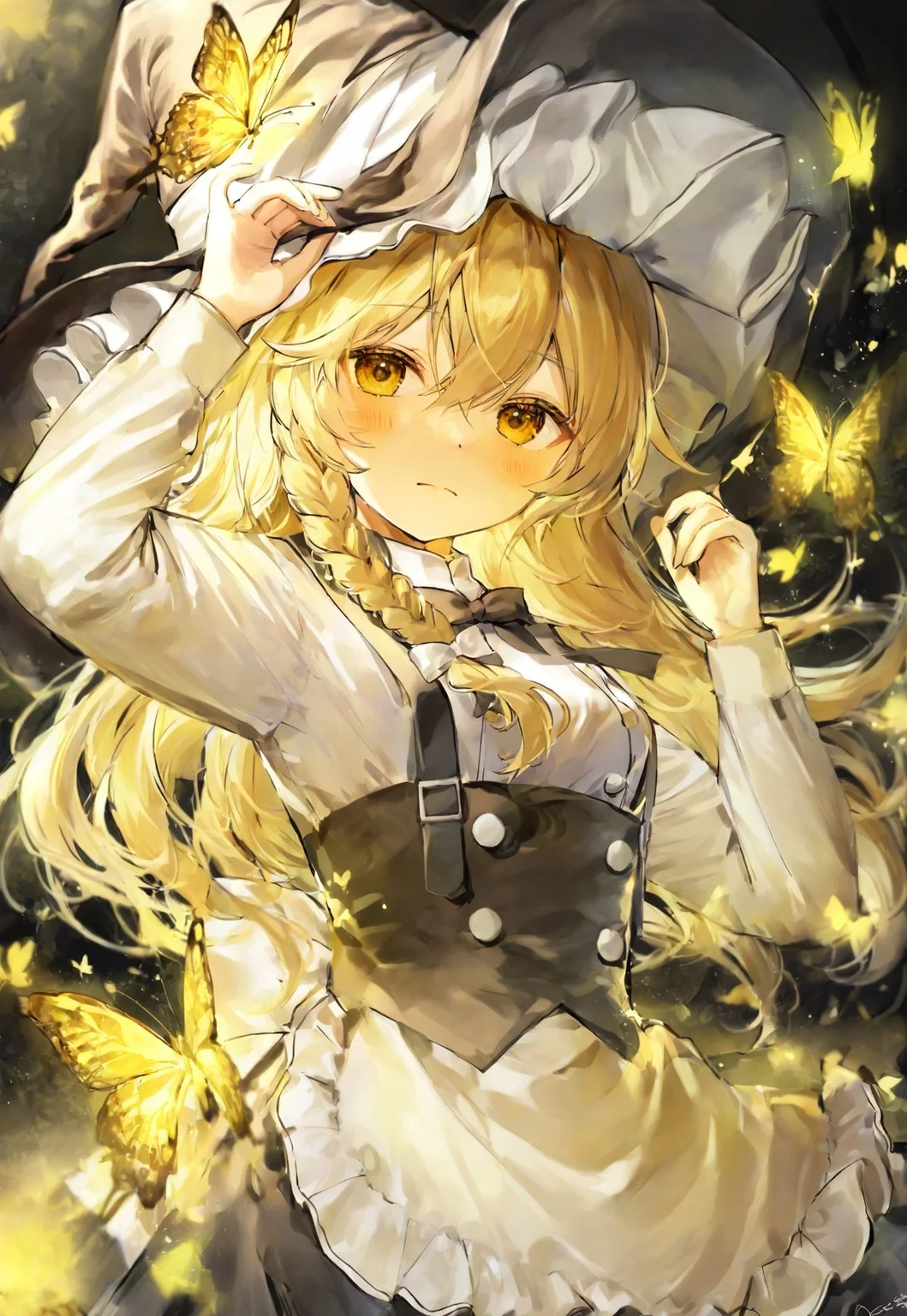 ame929, touhou, kirisame marisa, 1girl, adapted costume, animal, apron, black hat, black skirt, blonde hair, blush, bow, braid, bug, butterfly, closed mouth, frilled apron, frills, hair between eyes, hat, hat bow, long hair, long sleeves, looking at viewer, shirt, signature, single braid, skirt, solo, waist apron, white apron, white bow, white shirt, witch hat, yellow eyes