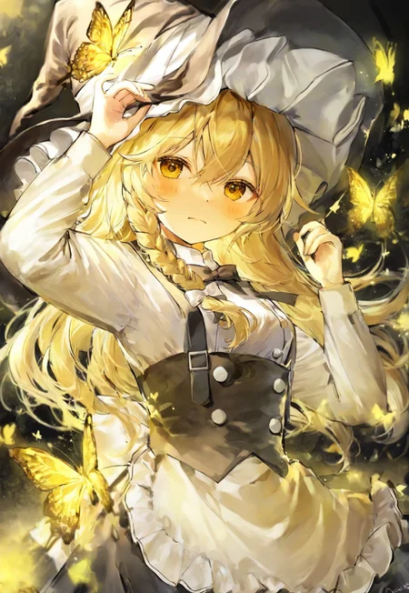 ame929, touhou, kirisame marisa, 1girl, adapted costume, animal, apron, black hat, black skirt, blonde hair, blush, bow, braid, bug, butterfly, closed mouth, frilled apron, frills, hair between eyes, hat, hat bow, long hair, long sleeves, looking at viewer, shirt, signature, single braid, skirt, solo, waist apron, white apron, white bow, white shirt, witch hat, yellow eyes