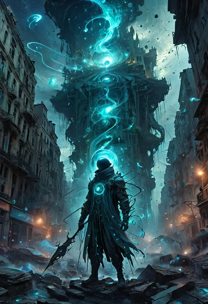 A finely rendered graffitipunk digital watercolor depicts a foreboding figure suspended between dimensions, their form constructed from fluid cosmic strands. Their head is adorned with a nimbus of shattered, glowing stars, and their body undulates with dark energy that surges through the atmosphere like tremors of fear. In one hand, they wield a staff that manipulates reality, distorting time and space in capricious manners. The backdrop is a crumbling cityscape, adorned with ever-changing graffiti that embodies various realities. The figure's presence fractures the very air, generating portals to mystical dimensions, where primordial horrors slumber, anticipating their release.
