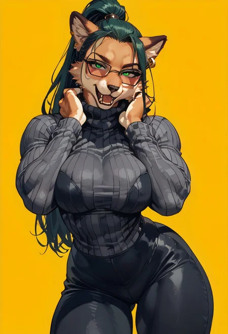 score_9, score_8_up, score_7_up, masterpiece, best quality, unique angle, close up, 1girl, source_furry, anthro, (furry:1.5), (((vixen female))), wearing ((black Turtleneck with long sleeves)) and ((Wide Leg Trousers)), glasses, (bent over), ((arms on neck):1.4, elbows squeezing boobs):1.4), half-closed eyes, (golden jewelry), long hair, ponytail, clear green eyes, (seducing viewer), curvy, athletic, looking at viewer, female focus, posing, erotic pose, suggestive pose, open mouth, (bulging muscles:1.3), (bulging breasts), ((wide hips)), (thick thighs:1.2), long legs, voluptuous, (perfect ass), showcasing depth and dimension, abstract yellow background, b3b0p, flat color, dark theme, 2D,