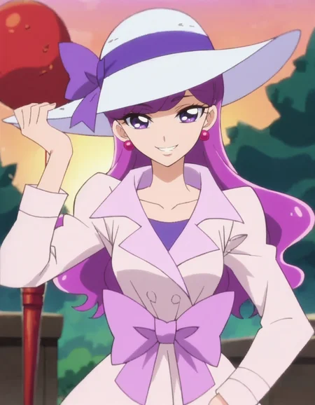 score_9, score_8_up, score_7_up, anime screencap, solo,1girl, kotozumeyukari, earrings, jewelry,  long sleeves,  sun hat,smile, looking at viewer, purple bow, collarbone,  bow,white dress,cowboy shot,medium breasts,<lora:kotozumeyukari:0.8>