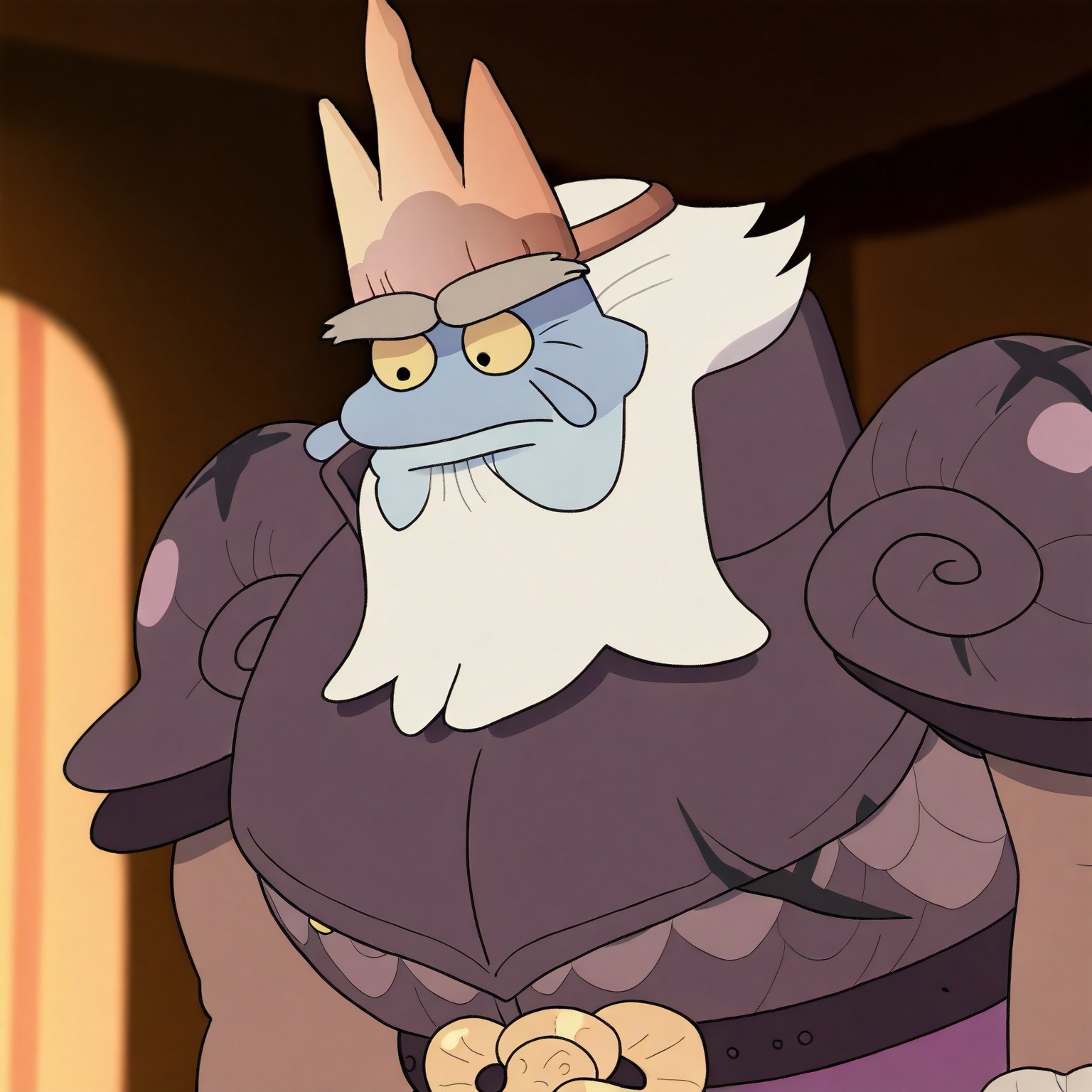 King Andrias, 1boy, solo, blue skin, yellow sclera, black eyes, crown, giant, very tall, stocky, muscular, crows feet, beard, white hair, dark purple armor that has an X shaped battle mark on the left abdomen, cuffs similar to a victorian aristocrat, pauldrons shaped like snail shells, gold snake belt, purple tunic, old man, tail, thick grey eyebrows, newt, metal boots, indoors, close up, face shot, portrait, score_9, score_8_up, score_7_up, score_6_up, score_5_up, score_4_up, best quality, masterpiece, 