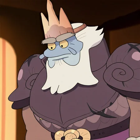 King Andrias, 1boy, solo, blue skin, yellow sclera, black eyes, crown, giant, very tall, stocky, muscular, crows feet, beard, white hair, dark purple armor that has an X shaped battle mark on the left abdomen, cuffs similar to a victorian aristocrat, pauldrons shaped like snail shells, gold snake belt, purple tunic, old man, tail, thick grey eyebrows, newt, metal boots, indoors, close up, face shot, portrait, score_9, score_8_up, score_7_up, score_6_up, score_5_up, score_4_up, best quality, masterpiece,