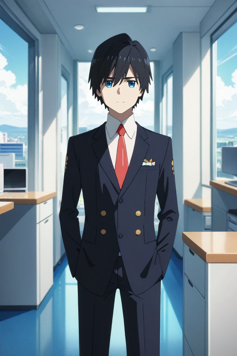 score_9, score_8_up, score_7_up, source_anime, rating_safe, , anime screencap, , official style, looking at viewer, depth of field, 1boy, solo, male focus, <lora:hiro_franxx_pony:0.9>, hiro_franxx, black hair, blue eyes, bangs, , straight-on, full body, office, computers, day, clouds, arms at sides, distracted, aloof, oblivious, , <lora:sdxl_lightning_8step_lora:1>