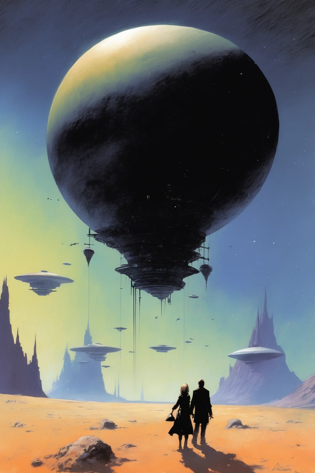 John Harris Style - Una ilustracin de John Harris, hay dos enamorados paseando por el espacio exterior, mientras cientos de libros vuelan.