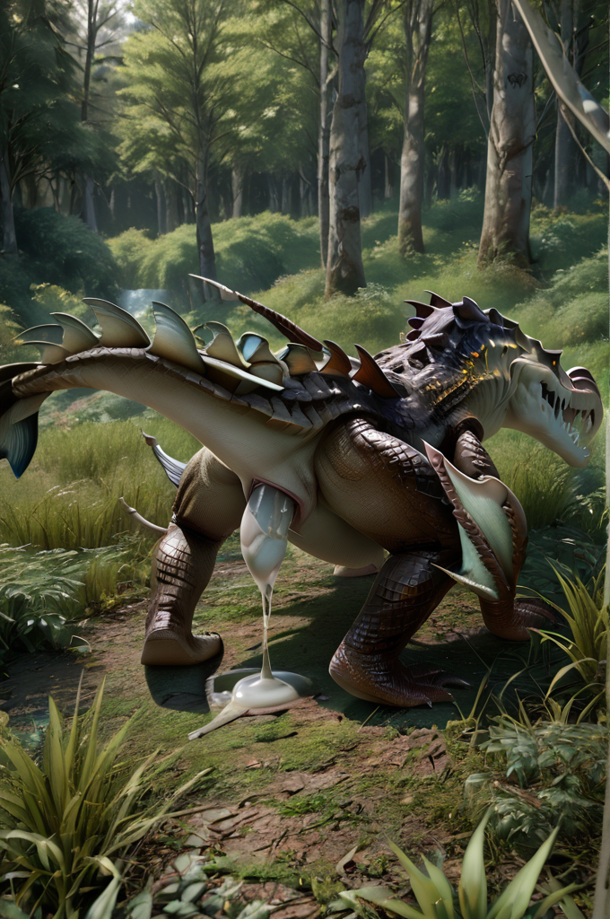 source_furry, score_9, score_8_up, score_7_up, (sahagin_xv, gator, monster), scalie, detailed scales, yellow eyes, detailed eyes, sharp teeth, elbow fins, claws, tail, <lora:Sahagin_FFXV:1>, outdoors, forest, rear view, (lift tail), presenting ass, genital slit, genital fluids, birth egg, zPDXL2, zPDXLxxx, zPDXLrl, shaded, best quality, highly detailed, extreme detail, photorealistic, hyperrealistic, masterpiece, 4k, uhd