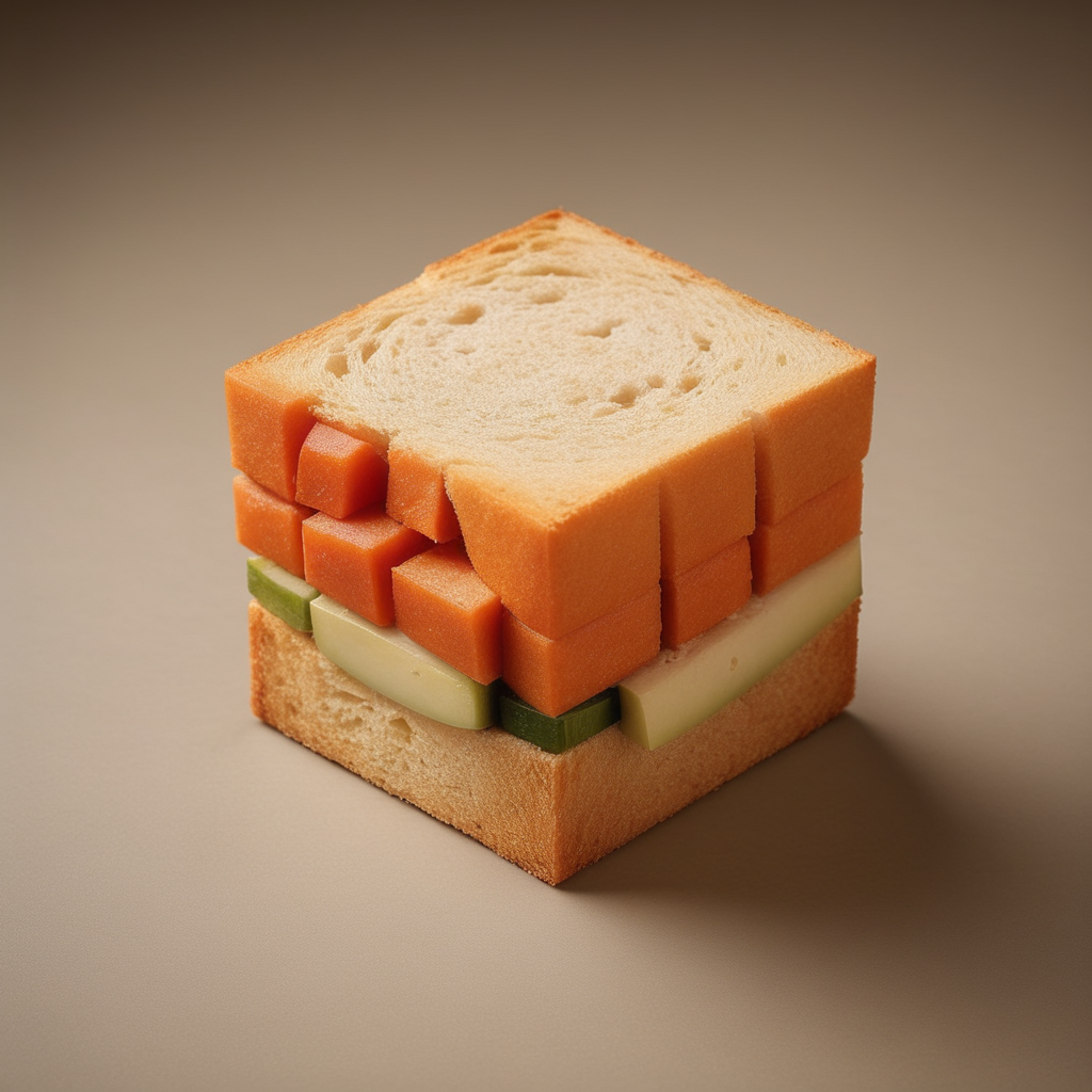 A geometrically perfect cube sandwich, where the natural curves of chicken and vegetables are transformed into flat, even layers. This photo captures the essence of modern art meeting everyday life. The medium is a high-resolution, hyper-realistic photograph. The style draws inspiration from minimalist art, focusing solely on the sandwich and its intriguing form. Lighting is direct and neutral, ensuring every edge and corner is crisply defined. The color palette is natural, with the bread's warm tones complementing the cooler hues of the fillings. Shot with a Nikon D850, using a 35mm lens, the sandwich takes center stage, with every detail from the bread's texture to the sauce's sheen captured immaculately,chunks <lora:chunks3:0.5>