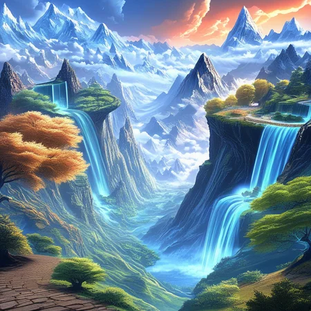 (BG_Fantasy, Scenery, Fantasy, Sky, Tree, Mountain, waterfall),