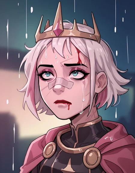 score_9, score_8_up, score_7_up, score_6_up lilandavastyle BREAK, portrait, bandaid on nose, blurry background, pink lighting, night, dark, pink theme, 1girl, solo, short hair, white hair,multicolored hair, makeup, scar, crown, armor, cape, blood on face, rain  <lora:add-detail-xl:0.3> <lora:Ulfger_PDXL:0.6> <lora:Lilandava_PDXL:0.8> <lora:YouLookLonelyXL_byKonan:0.8>