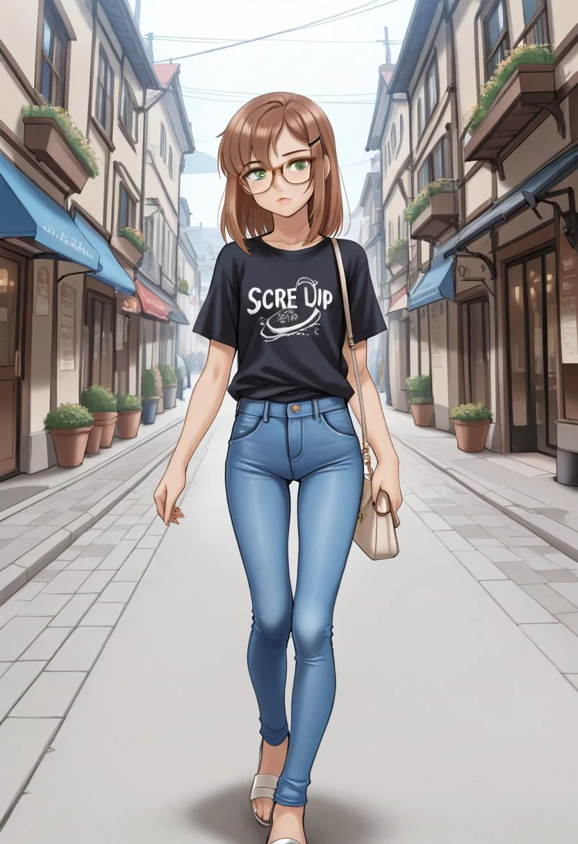 score_9, score_8_up, score_7_up, score_6_up,,town,,, , ,
l1lm3g4n, 1girl, solo, glasses, green eyes, hairclip, brown hair,
, blue jeans, t-shirt, purse, walking down street