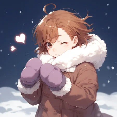 anime coloring, score_9, score_8_up, score_7_up, score_6_up, misaka20001 last-order, toaru, 1girl, solo, ahoge, brown hair, one eye closed, brown eyes, mittens, winter clothes, coat, short hair, heart ahoge, snow